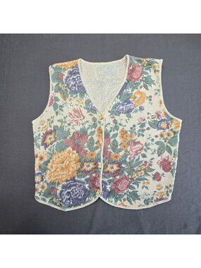 Vintage Floral Knit Womens Large Button-Up Vest Cottage Core Boho Woven
